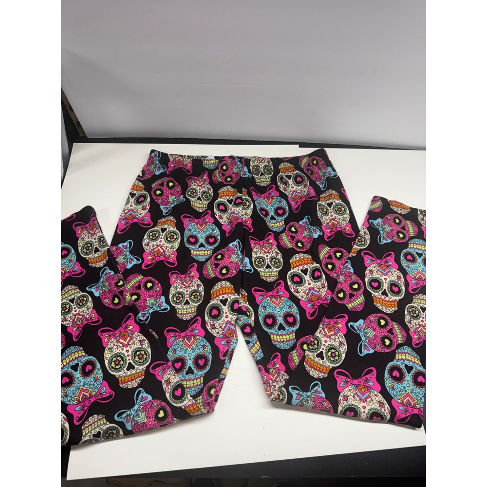 No Boundaries Sugar Skull Leggings Black Pink Blue Day of the Dead Large 11-13